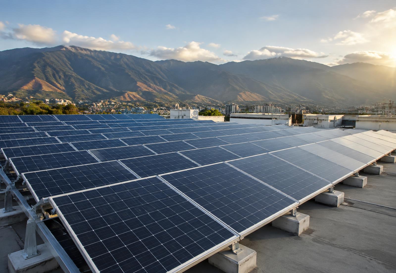 Arreglo fotovoltaico comercial en azotea con montañas andinas al fondo